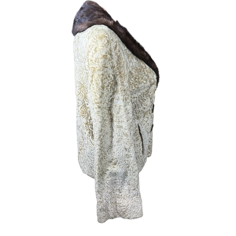 Vtg Persian Lamb Coat w/ Mink Collar Large Buttons Tan Brown 60s 70s Striplings - Picture 11 of 16